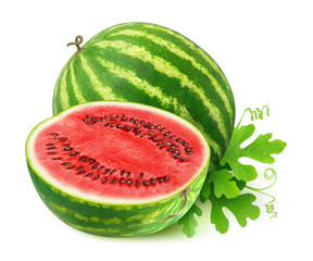 Poster - Isolated cut watermelon. One and half watermelon fruit with leaves isolated on white background