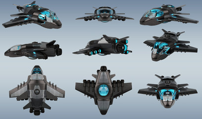 Poster - Futuristic spacecraft collection isolated on grey background 3D rendering