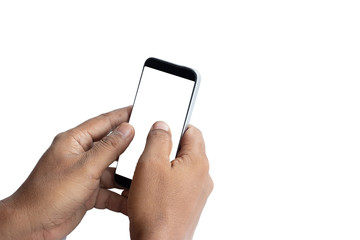 two hand operating smartphone, white background