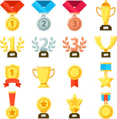 Achievement award, achiever trophy, achievements medal icon. Gold, silver, bronze medals vector icons set