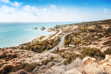 Wall Mural - Beautiful seascape, blue sea and sky, popular destination for summer holidays in Europe, Cyprus, Aphrodite Hills