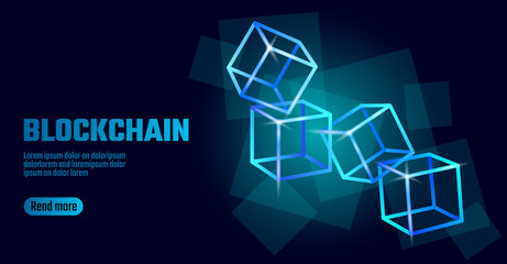Wall Mural - blockchain cube chain symbol on square code big data flow information. blue neon glowing modern tren
