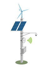 Transmission Tower With Satellite Dish, CCTV Camera, Windmill, Solar Panel And Line Distributor