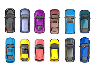 group of cars on top view isolated on white