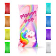 Flavor pop ice cream colorful rainbow packaging design isolated on white background. Vector template packet with rainbow and unicorn. 3d realistic vector illustration.