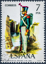 Stamp Printed In Spain Shows Artillery Battalion On Foot 1828