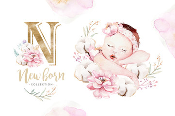 Wall Mural - Cute newborn watercolor baby. New born child illustration girl and boy painting. Baby shower isolated birthday painting card.