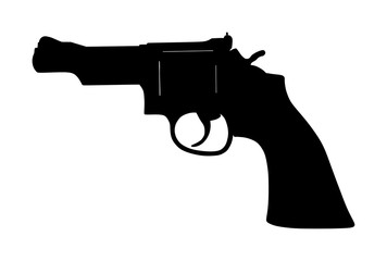 Revolver symbol. Pistol Gun Vector silhouette isolated on white background. Risk in conflict situation. police and military weapon. Defense help option against enemy aggressor.