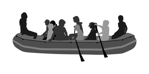 Happy kids rafting with rubber boat silhouette vector. Children beach fun. Girls and boys enjoying rowing on river on inflatable boat. Friends paddling. Young crew outdoor relaxing. Summer active