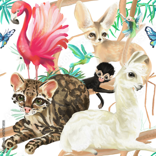 tropikalny-wzor-flaming-kot-ocelot-lama-malpa-i-fenek-lis-z-kolibry-i-mot