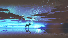 Silhouette Of The Deer Walking On Water Against Night Sky With Blue Light, Digital Art Style, Illustration Painting