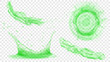 Top view and side view of translucent water crowns with drops and two splashes or jets in green colors, isolated on transparent background. Transparency only in vector format