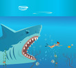 Huge grate big shark character attack small woman person victim. Danger diving vacation flat cartoon illustration graphic design concept element