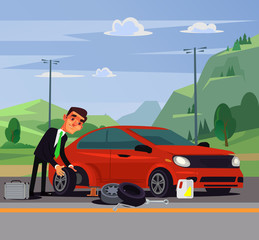 Office worker businessman man character changing fixing car wheel. Transportation road broke problems flat cartoon illustration graphic design concept element