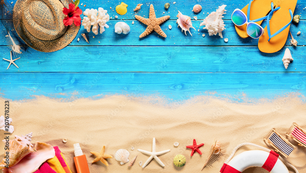 Beach Accessories On Blue Plank And Sand - Summer Holiday Background
 - obrazy, fototapety, plakaty 