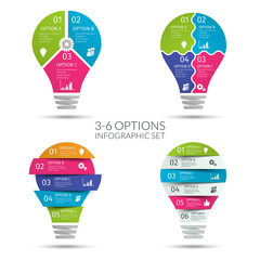 Wall Mural - Modern colorful light bulb infographic set. Business concept with 3 4 5 6 options, parts, steps or processes. Template for presentation, chart, graph. Vector illustration