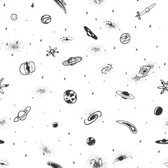 Wall Mural - Vector seamless pattern of hand drawn doodle space object on white background