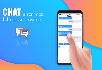 Leinwandbilder - Realistic Hand holding mobile phone isolated on creative background. Social network concept of Chatting and messaging. SMS messages sending window. Vector Illustration. EPS10