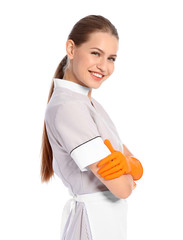 Poster - Portrait of young chambermaid in tidy uniform on white background