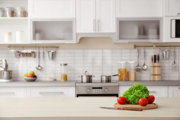 Poster - Products and blurred view of kitchen interior on background