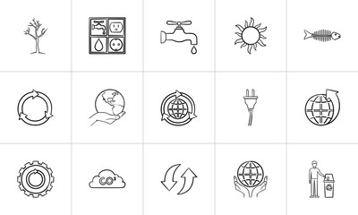 Sticker - Ecology outline doodle icon set for print, web, mobile and infographics. Hand drawn ecology vector sketch illustration set isolated on white background.