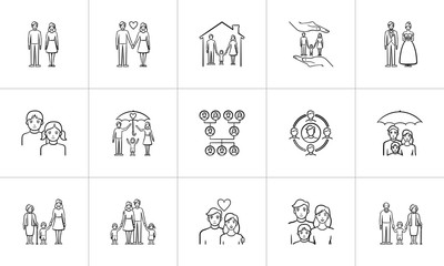 Sticker - Wedding and family hand drawn outline doodle icon set for print, web, mobile and infographics. Family vector sketch illustration set isolated on white background.