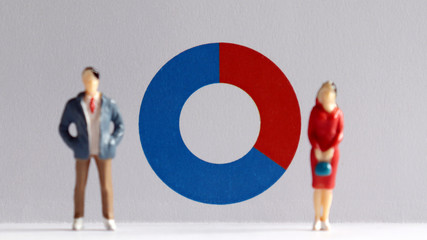 Wall Mural - A miniature man and a miniature woman standing in front of a donut chart. The concept of the gender ratio difference between members of society.