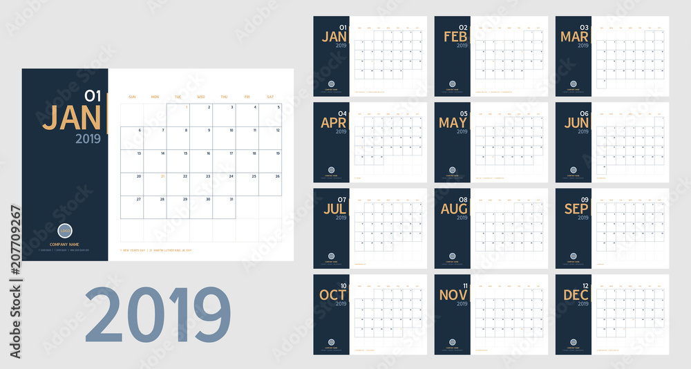 Vector of 2019 new year calendar in clean minimal table simple style ...