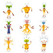 Cute Aliens In Space Suits, Spaceship Crew Cartoon Characters, vector, isolated