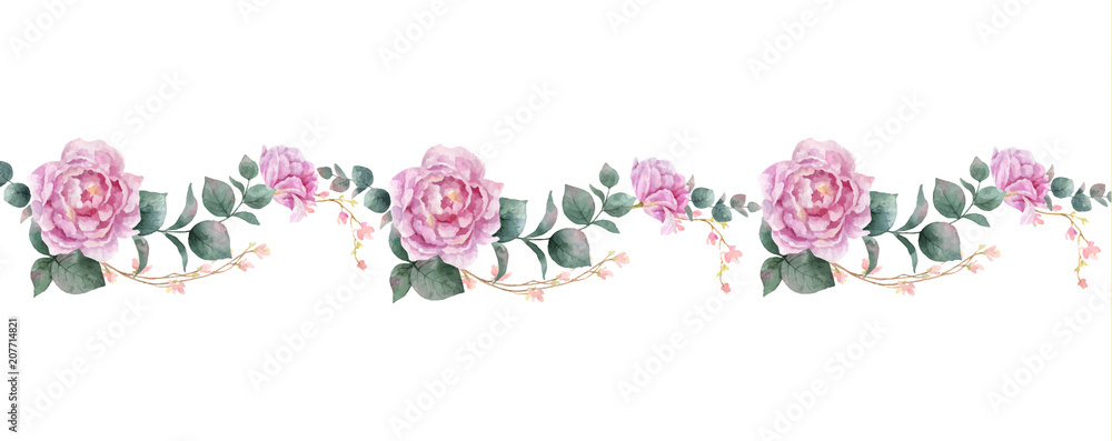 Watercolor vector hand painting horizontal banner of peony flowers and green leaves. - obrazy, fototapety, plakaty 