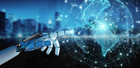 Wall Mural - white cyborg hand using planet earth interface 3d rendering