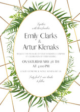 Wedding Invite, Save The Date Card Design With Natural Forest Greenery Leaves, Ferns, Tropical Palm Leaves, Berries & Golden Foil Stripes, Oval Frame Decoration. Elegant, Woodsy Style Vector Template