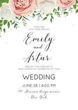 Wedding Invitation Floral Invite Card Design With Creamy White Garden Peony Flowers, Blush Pink Roses, Green Tree Leaves, Greenery Herbs, Eucalyptus Wreath Decoration. Vector Elegant Cute Illustration