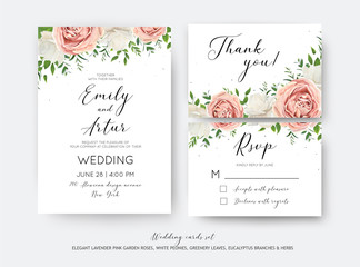  Wedding floral invite, RSVP, thank you card vector design set with creamy white garden peony flowers blush pink roses, green leaves, greenery herbs, eucalyptus branch decoration. Romantic illustration
