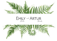 Wedding Floral Watercolor Invite, Invitation, Save The Date Card Design With Tropical Forest Greenery Leaves & Green Fern Fronds Decorative Natural Border, Frame. Vector, Modern Art Elegant Template.