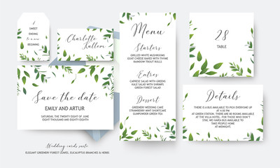 Wall Mural - Wedding save the date, menu, label, table number, info cards vector design. Botanical, greenery, rustic, watercolor style art green leaves, eucalyptus tree branches, forest herbs & plants. Elegant set