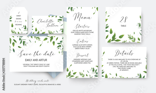 Wedding save the date, menu, label, table number, info cards vector design. B...