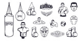 Fototapeta Konie - Set of different elements for box design - boxing helmet, punching bag, boxing gloves, boxing belt, boxer man. Sports equipment set. Fitness illustrations. Sport Club logo. Vector graphics to design