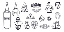 Set Of Different Elements For Box Design - Boxing Helmet, Punching Bag, Boxing Gloves, Boxing Belt, Boxer Man. Sports Equipment Set. Fitness Illustrations. Sport Club Logo. Vector Graphics To Design