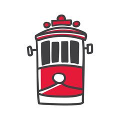 Modern vector line illustration of hand drawn doodle turkish symbol - red retro tram. Simple minimalistic sketch design with black outline and red element isolated on white. Touristic logo, icon.