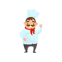 Cartoon chef character showing Ok gesture. Smiling man with mustache in uniform. Flat vector element for promo banner or flyer