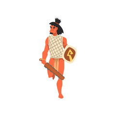 Sticker - Armed tribal male warrior, tribe member in traditional clothing with weapon vector Illustration on a white background