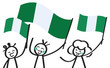 Cheering crowd of happy stick figures with Nigerian national flags, smiling Nigeria supporters, sports fans isolated on white background