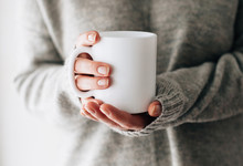 Closeup Of Female Hands With A Mug Of Beverage. Beautiful Girl In Grey Sweater Holding Cup Of Tea Or Coffee In The Morning Sunlight. Mug For Your Design. Empty.