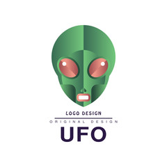 Sticker - Ufo logo original design, badge with alien head vector Illustration on a white background