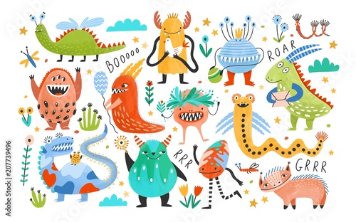 collection-of-funny-monsters-or-aliens-bundle-of-cute-fantastic-or-fairytale-creatures-cartoon-characters-isolated-on-white-background-bright-colored-childish-vector-illustration-in-flat-style