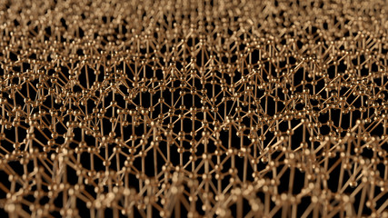 Plexus abstract background in empty space. Futuristic gold shape. Network concept. Modern design for banner, poster, placard. 3d render