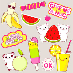 Wall Mural - Set of cute summer stickers in kawaii style