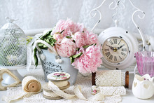 Bunch Of Peony In Shabby Chic Style Interior