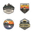 Set of vintage hand drawn travel logos. Hiking labels concepts. Mountain expedition badge designs. Travel logos, camp logotypes collection. Stock retro patches isolated on white background